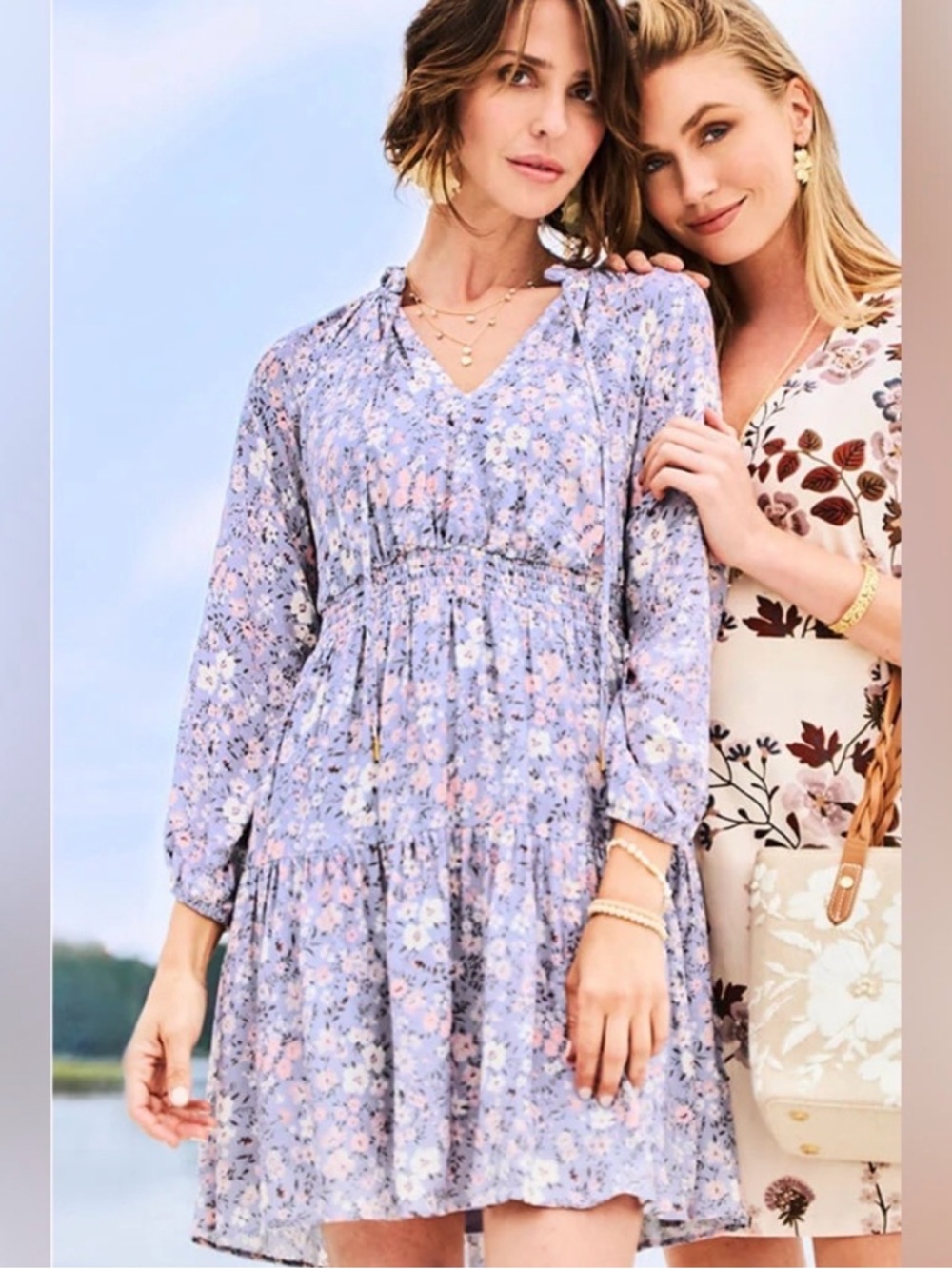 Spartina 449 Large Floral V-Neck Smocked Waist Mini Dress w/ Pockets in Lavender